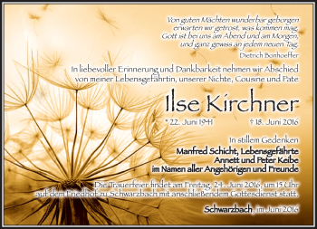 Traueranzeige von Ilse Kirchner von Südthüringer Presse
