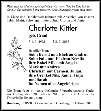 Traueranzeige von Charlotte Kittler von Südthüringer Presse
