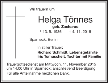 Traueranzeige von Helga Tönnes von Frankenpost