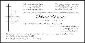 Traueranzeige von Oskar Rögner von Frankenpost