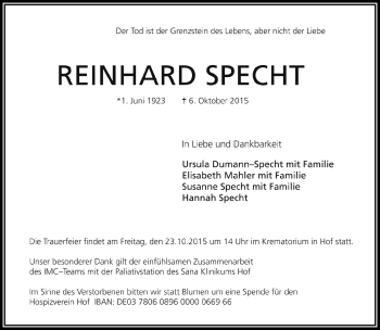 Traueranzeige von Reinhard Specht von Frankenpost
