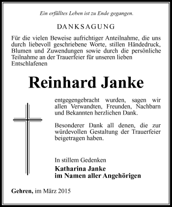 Traueranzeige von Reinhard Janke von Südthüringer Presse