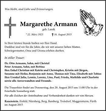Traueranzeige von Margarethe Armann von Südthüringer Presse