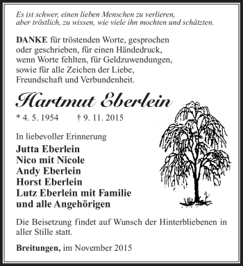 Traueranzeige von Hartmut Eberlein von Südthüringer Presse