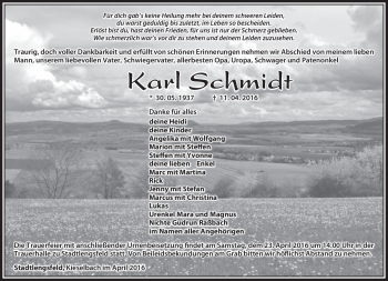 Traueranzeige von Karl Schmidt von Südthüringer Presse