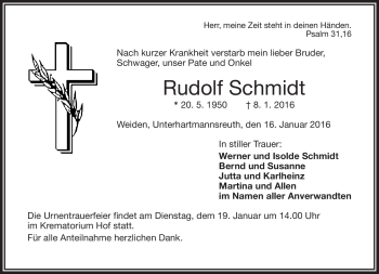 Traueranzeige von Rudolf Schmidt von Frankenpost