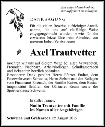 Traueranzeige von Axel Trautvetter von Südthüringer Presse