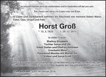 Traueranzeige von Horst Groß von Südthüringer Presse