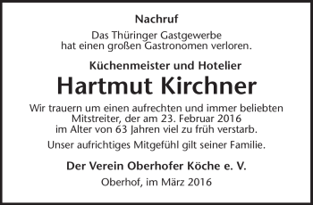 Traueranzeige von Hartmut Kirchner von Südthüringer Presse