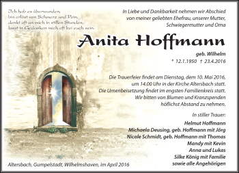 Traueranzeige von Anita Hoffmann von Südthüringer Presse