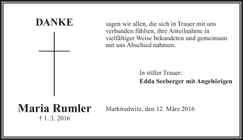 Traueranzeige von Maria Rumler von Frankenpost