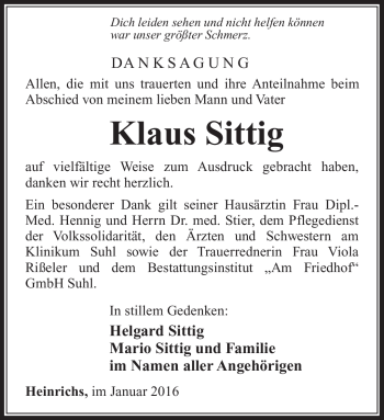 Traueranzeige von Klaus Sittig von Südthüringer Presse