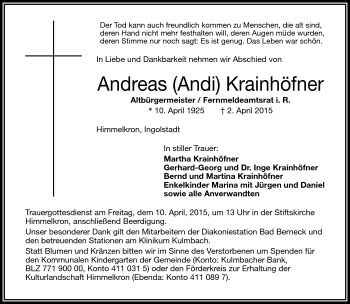 Traueranzeige von Andreas Krainhöfner von Frankenpost