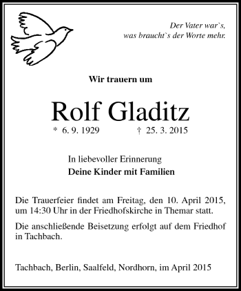 Traueranzeige von Rolf Gladitz von Südthüringer Presse