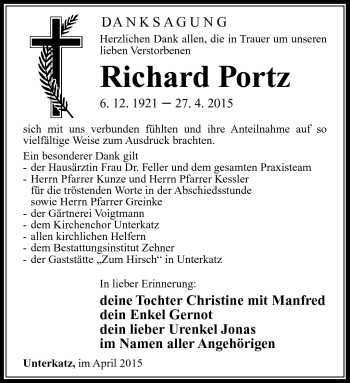 Traueranzeige von Richard Portz von Südthüringer Presse