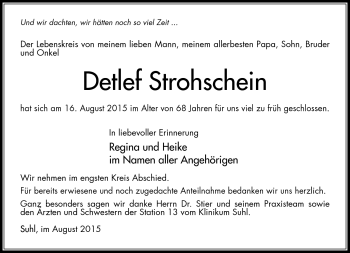 Traueranzeige von Detlef Strohschein von Südthüringer Presse