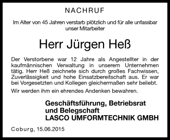 Traueranzeige von Jürgen Heß von Neue Presse Coburg