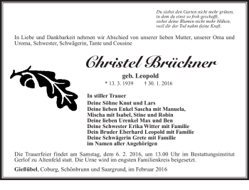 Traueranzeige von Christel Brückner von Südthüringer Presse
