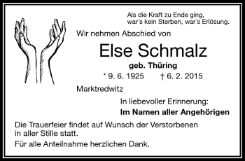 Traueranzeige von Else Schmalz von Frankenpost