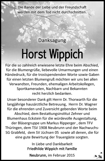 Traueranzeige von Horst Wippich von Südthüringer Presse