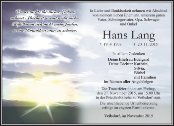 Traueranzeige von Hans Lang von Südthüringer Presse