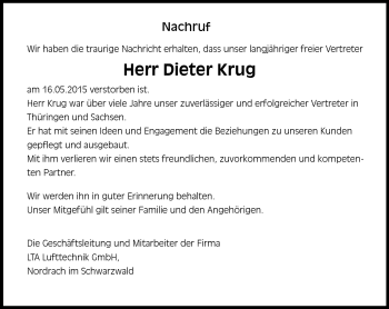 Traueranzeige von Dieter Krug von Südthüringer Presse