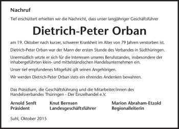 Traueranzeige von Dietrich-Peter Orban von Südthüringer Presse