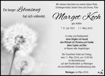 Traueranzeige von Margot Koch von Südthüringer Presse