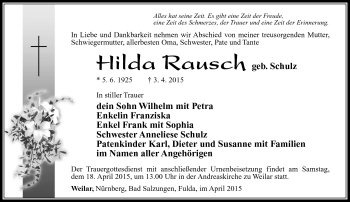 Traueranzeige von Hilda Rausch von Südthüringer Presse