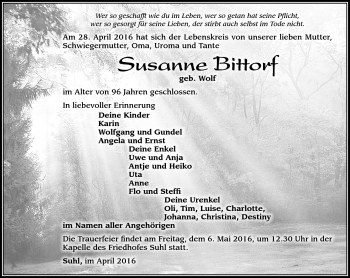Traueranzeige von Susanne Bittorf von Südthüringer Presse