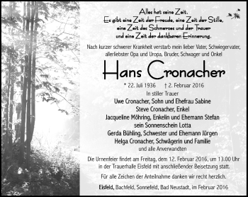 Traueranzeige von Hans Cronacher von Südthüringer Presse