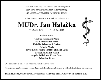 Traueranzeige von Jan Halacka von Südthüringer Presse