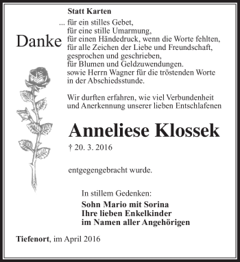 Traueranzeige von Anneliese Klossek von Südthüringer Presse