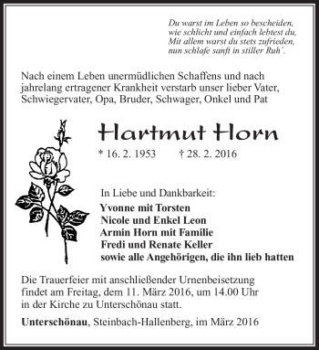 Traueranzeige von Hartmut Horn von Südthüringer Presse