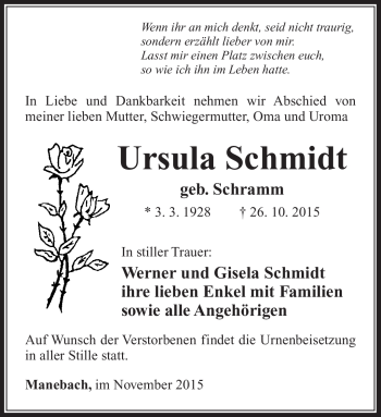 Traueranzeige von Ursula Schmidt von Südthüringer Presse