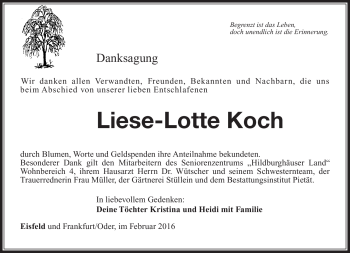 Traueranzeige von Liese-Lotte Koch von Südthüringer Presse