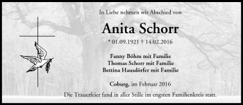 Traueranzeige von Anita Schorr von Neue Presse Coburg