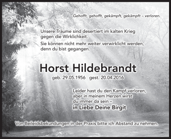 Traueranzeige von Horst Hildebrandt von Neue Presse Coburg
