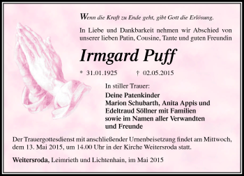 Traueranzeige von Irmgard Puff von Südthüringer Presse