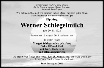 Traueranzeige von Werner Schlegelmilch von Südthüringer Presse