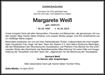 Traueranzeige von Margarete Weíß von Südthüringer Presse