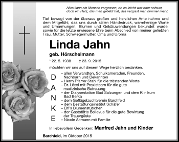 Traueranzeige von Linda Jahn von Südthüringer Presse