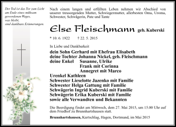 Traueranzeige von Else Fleischmann von Südthüringer Presse