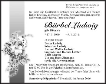 Traueranzeige von Bärbel Ludwig von Südthüringer Presse