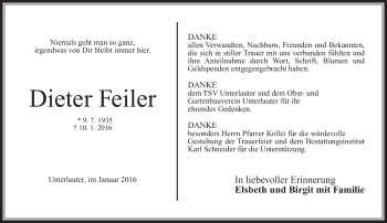 Traueranzeige von Dieter Feiler von Neue Presse Coburg
