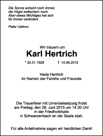 Traueranzeige von Karl Hertrich von Frankenpost