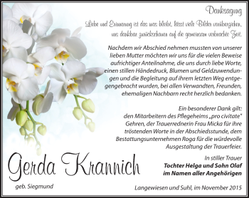 Traueranzeige von Gerda Krannich von Südthüringer Presse