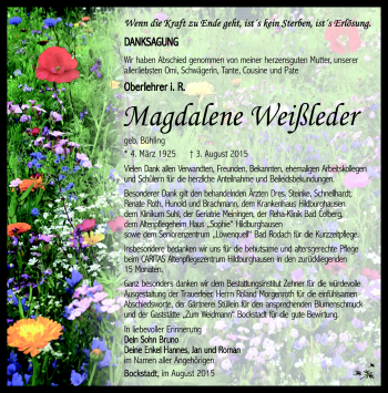 Traueranzeige von magdalena Weißleder von Südthüringer Presse