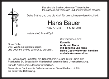 Traueranzeige von Hans Bauer von Frankenpost