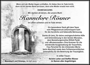 Traueranzeige von Hannelore Rösner von Südthüringer Presse